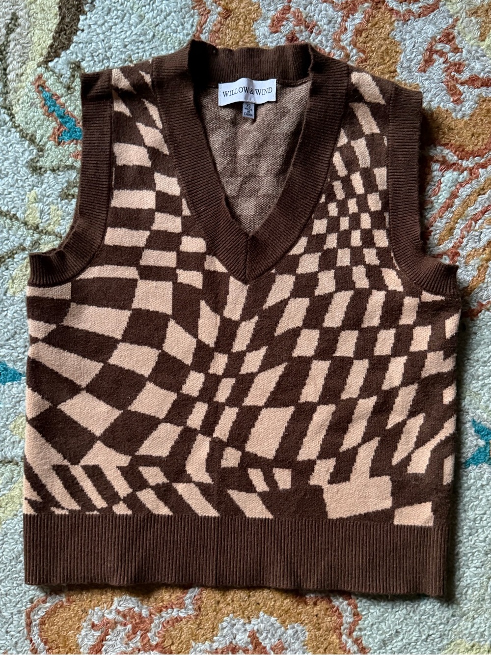 Y2K Brown Wavy Checkerboard Sweater Vest Crop V-Neck Knit Tan XS Goblincore 70s